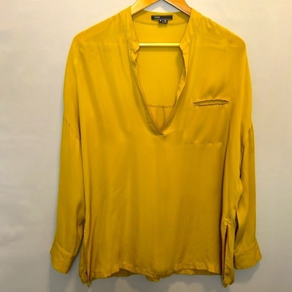 Vince Blouse 100% Silk Chartreuse Color Popover Henley Long Sleeve Oversized M - Picture 8 of 10